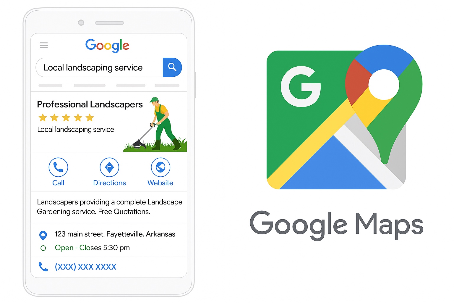 Ejemplo visual de un negocio local apareciendo en Google Maps con opciones para llamar, obtener indicaciones y visitar su sitio web