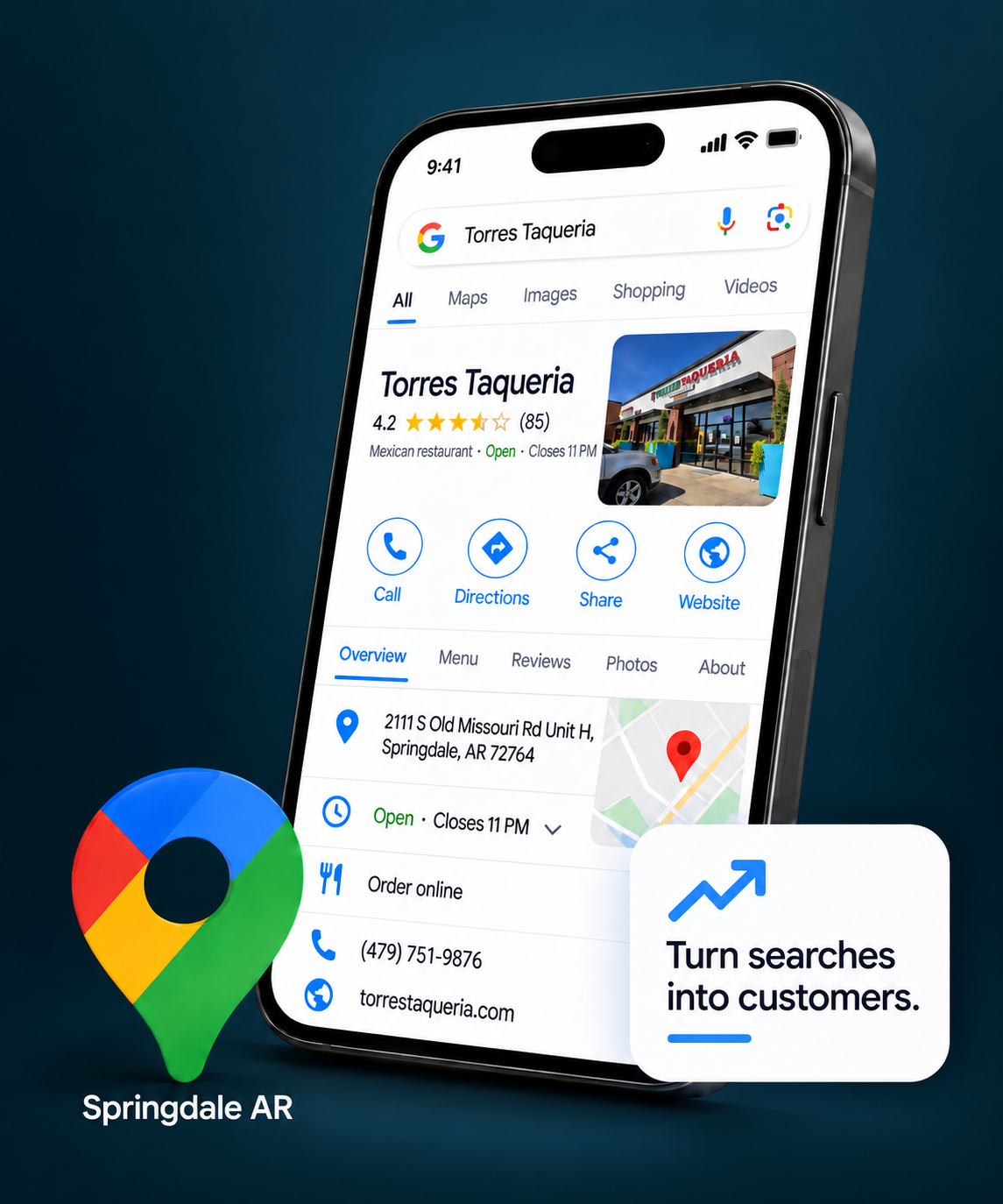 Perfil de Torres Taqueria en un iPhone realista, con el pin de Google Maps y el texto Springdale AR